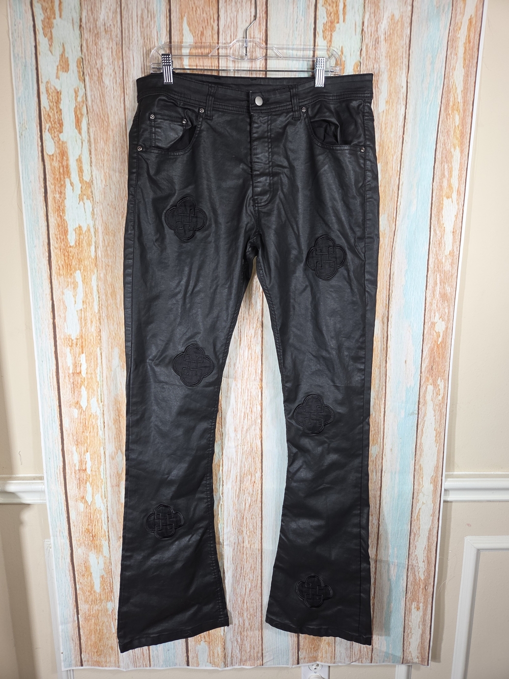 Du Jour France Black Cotton Bootcut Jeans with Embossed Patches. Sz 38